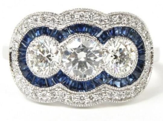 14K White Gold Triple Diamond Ring With Sapphire A