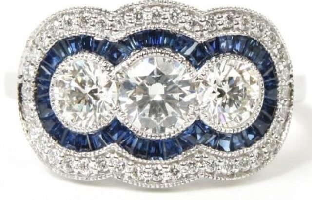 14K White Gold Triple Diamond Ring With Sapphire A